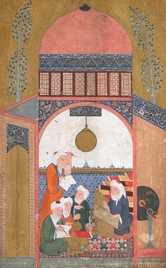 Miniature painting of astronomers at work beneath a domed observatory pavilion with a hanging sphere.